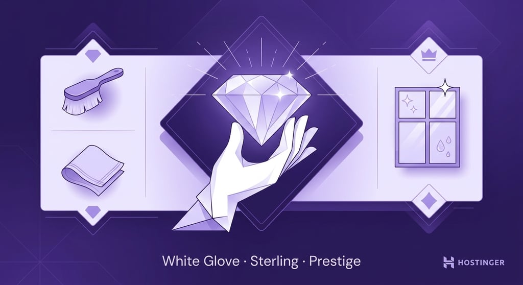 A white glove and crystal-clean surface surrounded by refined cleaning tool motifs and geometric crest accents.