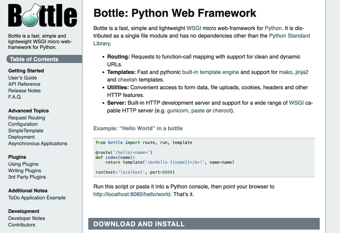 Bottle framework documentation homepage. The page describes Bottle as a fast, simple, and lightweight Python WSGI web framework and highlights features such as URL routing, templating, utilities for handling HTTP requests, and built-in server support.