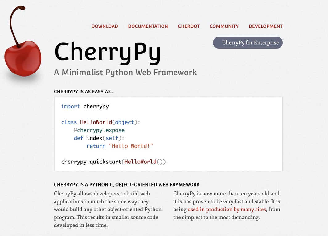 CherryPy homepage featuring the CherryPy logo and the tagline "A Minimalist Python Web Framework." The page highlights CherryPy's object-oriented approach to web development and includes a simple "Hello World" code example.