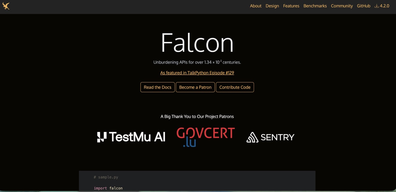 Falcon framework homepage featuring the Falcon logo and tagline describing it as a high-performance framework for building APIs. The page includes navigation links to documentation, features, benchmarks, community resources, and GitHub, along with buttons to read the documentation, support the project, and contribute code.