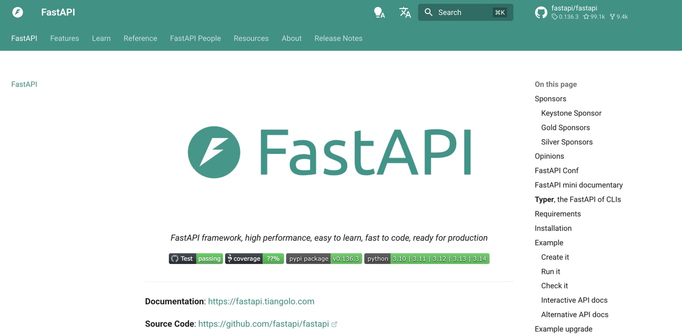 FastAPI homepage showing the FastAPI logo and tagline "FastAPI framework, high performance, easy to learn, fast to code, ready for production."