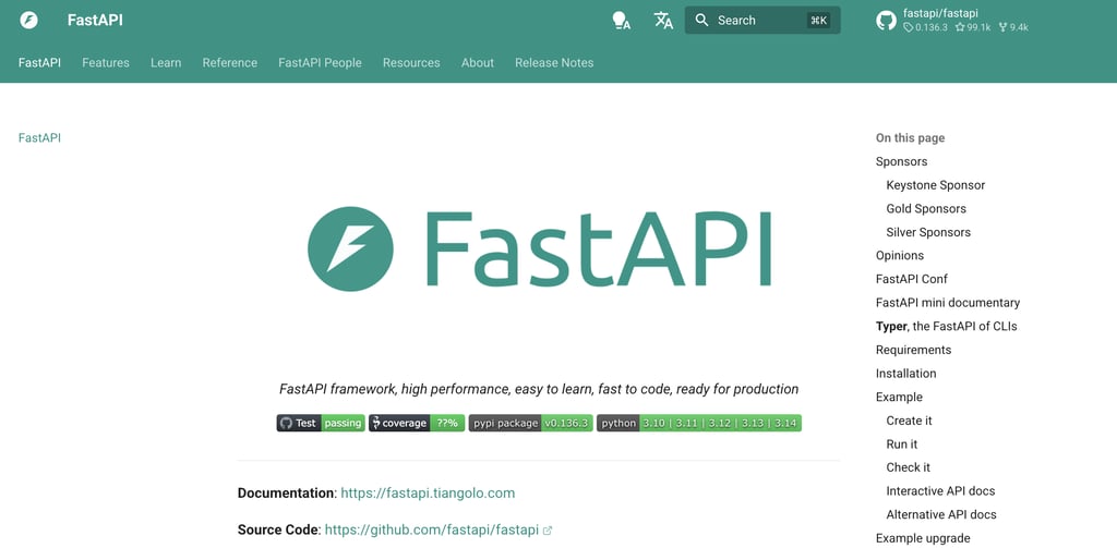 FastAPI homepage showing the FastAPI logo and tagline "FastAPI framework, high performance, easy to learn, fast to code, ready for production."