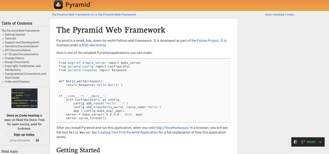 Pyramid Web Framework documentation homepage. The page introduces Pyramid as a small, fast Python web framework and includes a simple "Hello World" application example written in Python.