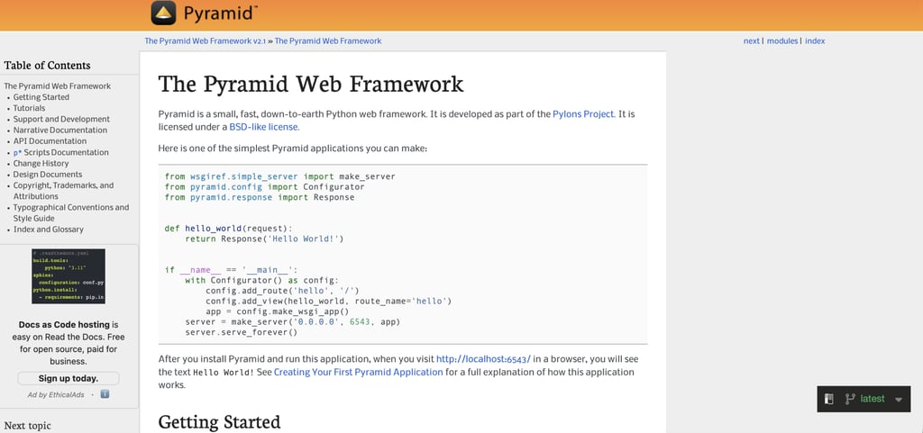 Pyramid Web Framework documentation homepage. The page introduces Pyramid as a small, fast Python web framework and includes a simple "Hello World" application example written in Python.