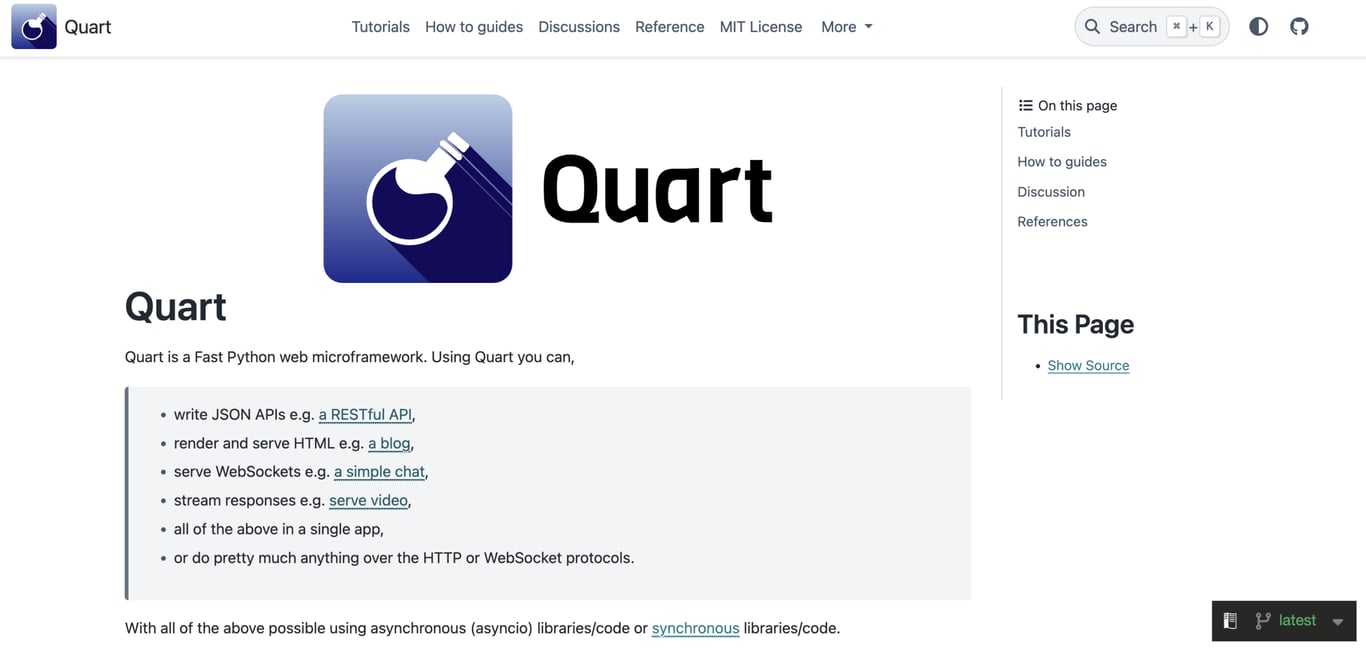 Quart documentation homepage featuring the Quart logo and project name. The page describes Quart as a fast Python web microframework and highlights capabilities such as building RESTful APIs, serving HTML applications, handling WebSockets, and streaming responses.