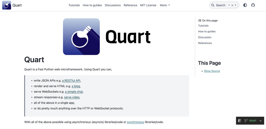 Quart documentation homepage featuring the Quart logo and project name. The page describes Quart as a fast Python web microframework and highlights capabilities such as building RESTful APIs, serving HTML applications, handling WebSockets, and streaming responses.