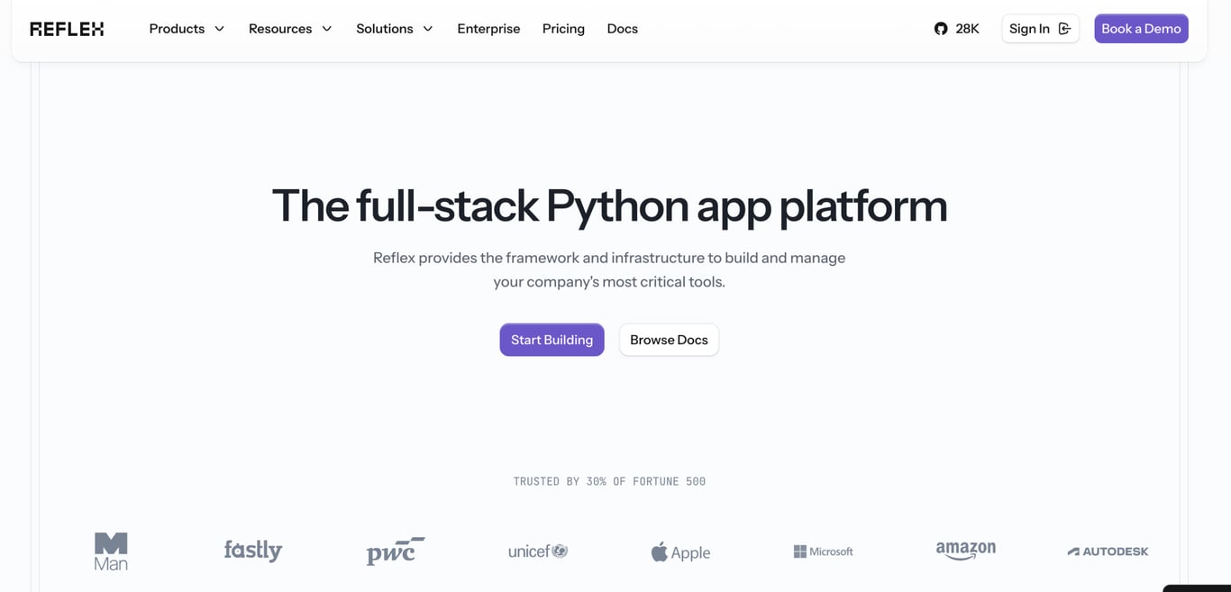 Reflex homepage featuring the headline "The full-stack Python app platform." The page describes Reflex as a framework and infrastructure platform for building and managing business applications. Below the headline are "Start Building" and "Browse Docs" buttons, with logos of companies including Microsoft, Apple, Amazon, UNICEF, and PwC displayed near the bottom.