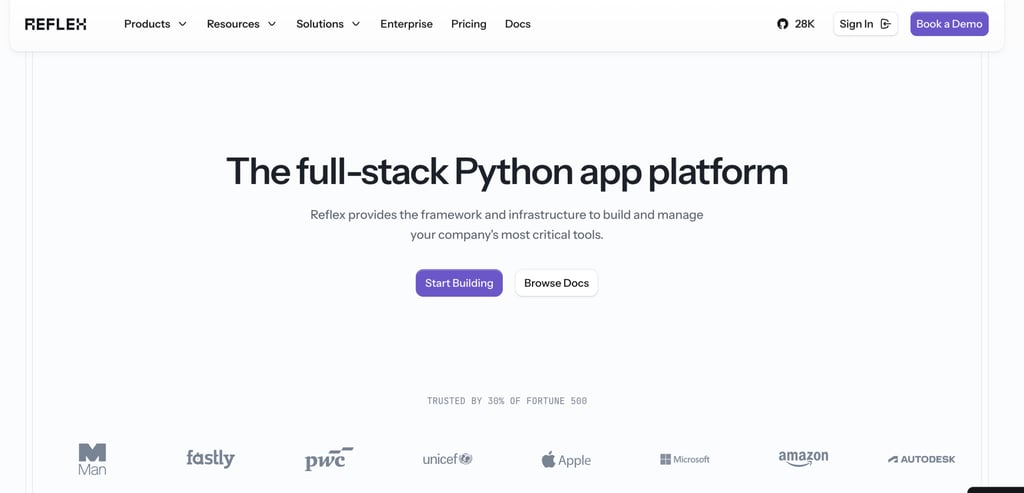Reflex homepage featuring the headline "The full-stack Python app platform." The page describes Reflex as a framework and infrastructure platform for building and managing business applications. Below the headline are "Start Building" and "Browse Docs" buttons, with logos of companies including Microsoft, Apple, Amazon, UNICEF, and PwC displayed near the bottom.