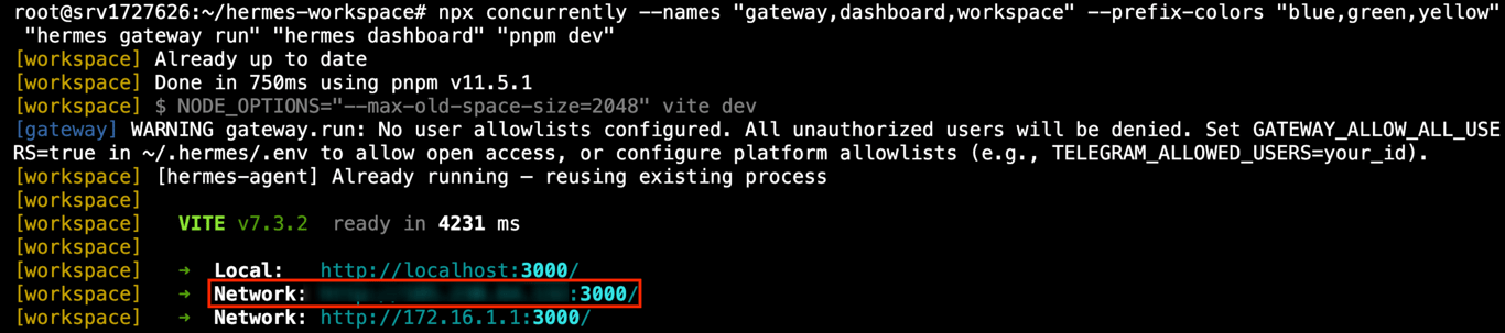 Terminal showing the workspace UI ready with its local and network URLs
