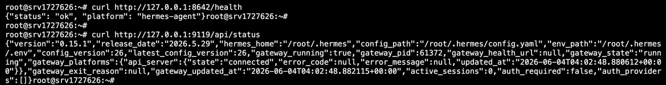 Terminal showing curl gateway health and dashboard status check responses