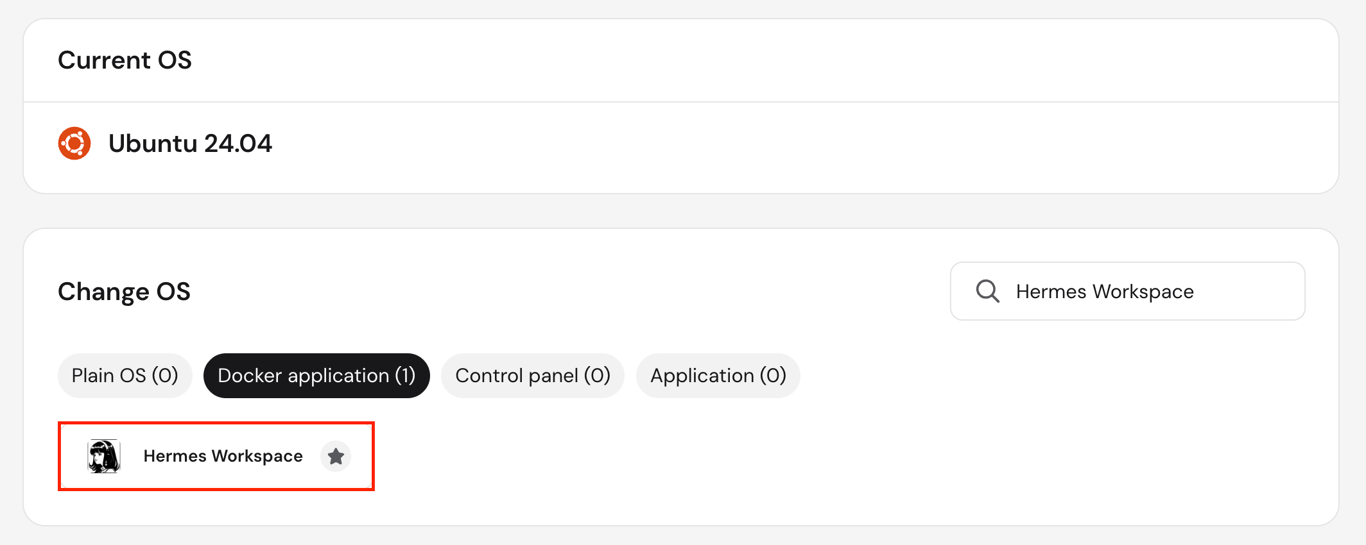 hPanel Change OS screen with the Hermes Workspace Docker template selected
