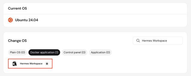 hPanel Change OS screen with the Hermes Workspace Docker template selected