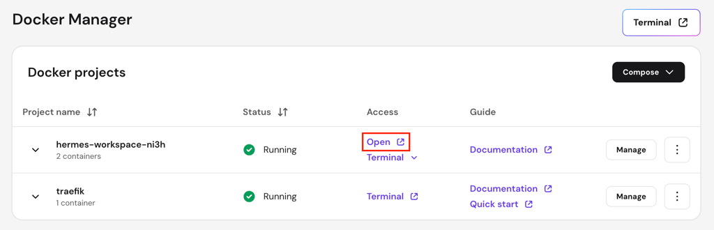 hpanel-vps-docker-manager-hermes-workspace-open-link-highlighted Docker Manager project list with the Open link for hermes-workspace shown