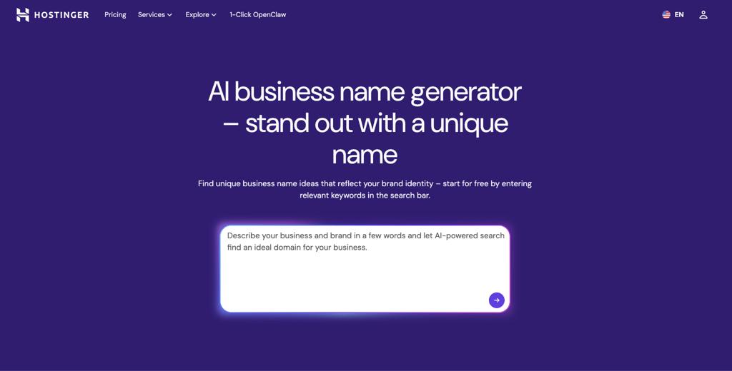Hostinger AI business name generator landing page