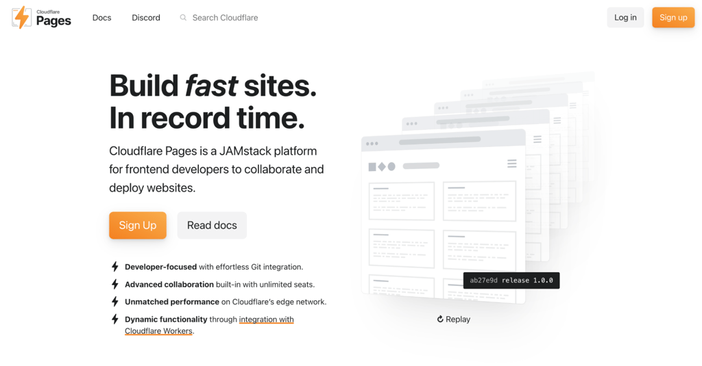 cloudflare-pages-homepage Homepage of Cloudflare Pages, a service that runs on one of the largest networks in the world, and that speed is the whole appeal for static React apps.