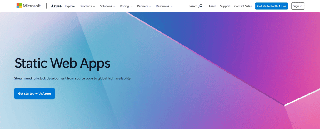static-web-apps-homepage Homepage of Azure Static Web Apps, Microsoft's service for static frontends with serverless APIs.