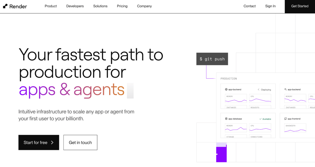 render-homepage Homepage of Render, a cloud platform that runs frontends and backends together, so a React app that also needs APIs, databases, or web services can live in one place.