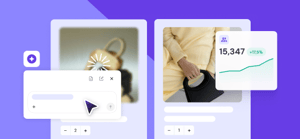 Illustration for the Innovator pillar of Learning lab, with UI elements like icons and cursoes, two product images and a violet backdrop