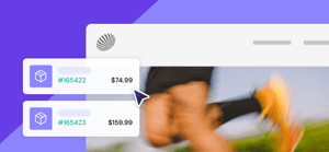 Illustration for the Optimizer pillar of Learning lab with UI elements featuring prices and product numbers and a blurry photo of a man on a violet backdrop