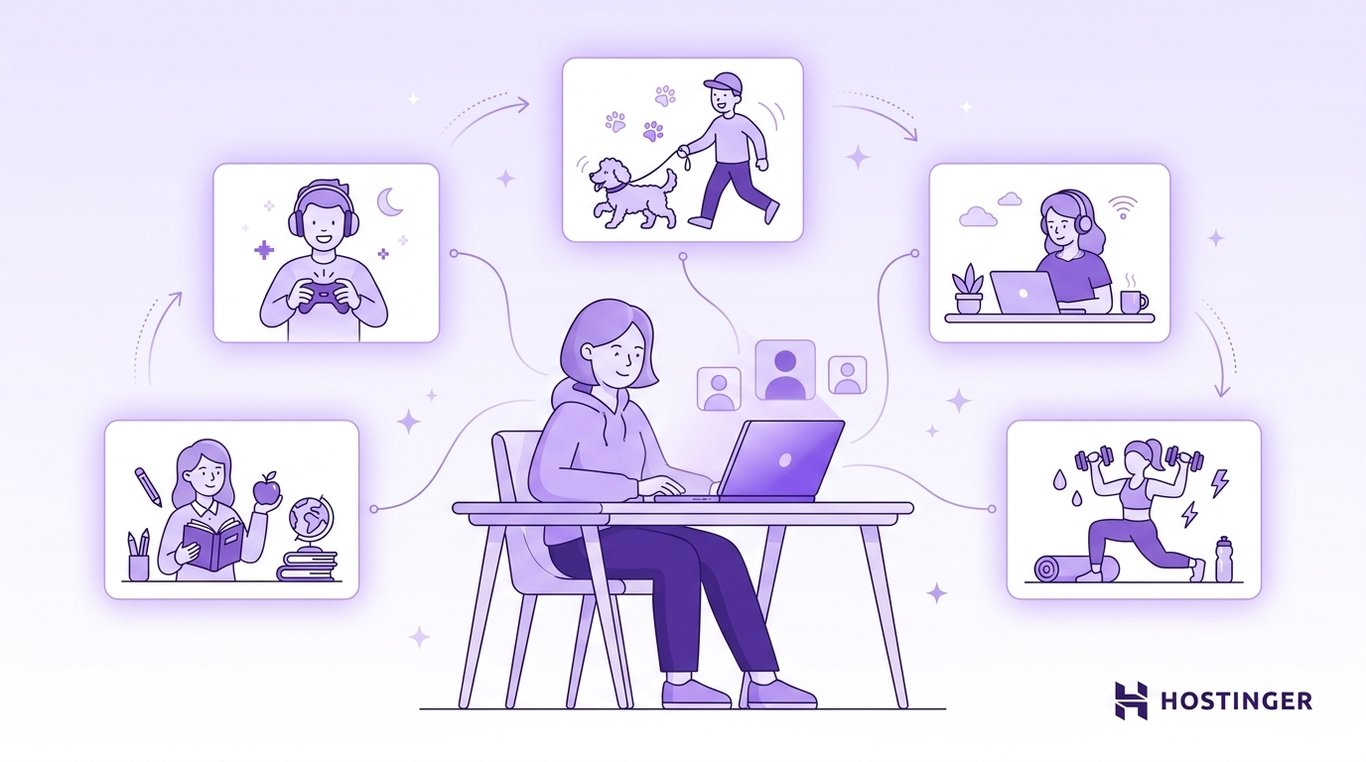 Person working on a laptop while managing a print-on-demand business, with illustrations showing different target audiences and niches, including gaming, education, pet owners, remote workers, and fitness enthusiasts. The image represents building products and branding around specific customer groups.