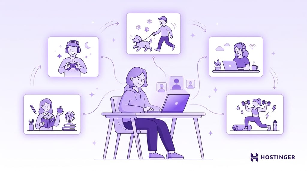 Person working on a laptop while managing a print-on-demand business, with illustrations showing different target audiences and niches, including gaming, education, pet owners, remote workers, and fitness enthusiasts. The image represents building products and branding around specific customer groups.