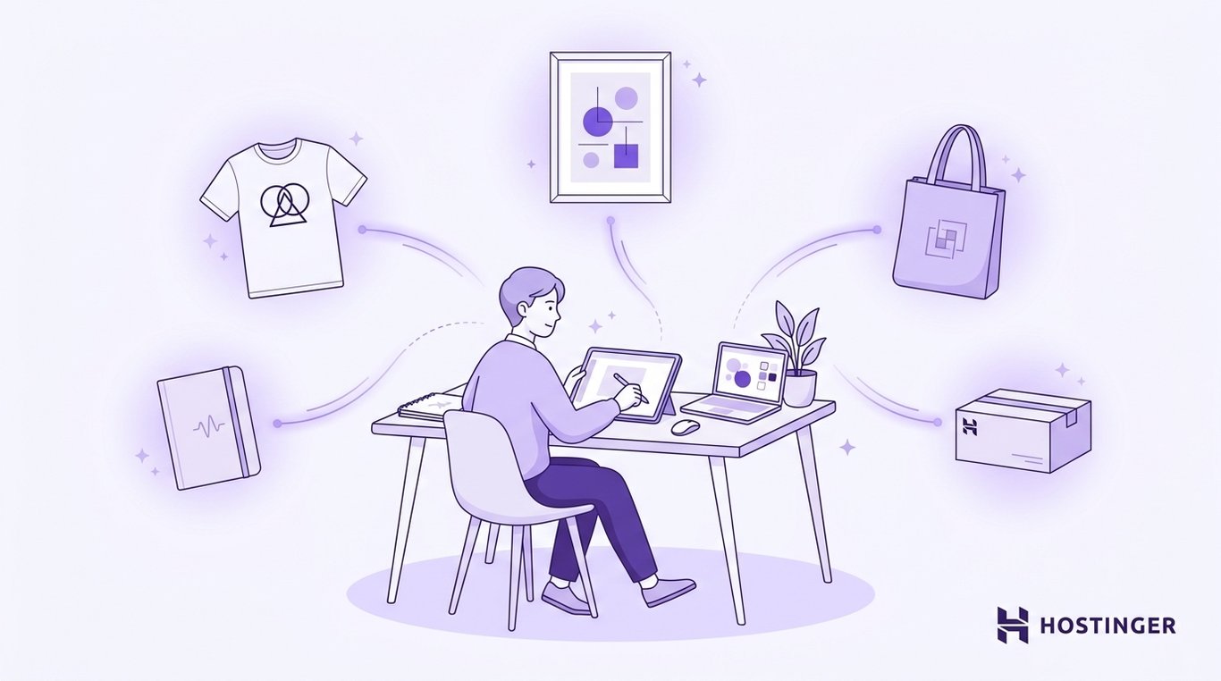 Designer creating print-on-demand products on a tablet and laptop, surrounded by custom merchandise including a T-shirt, notebook, wall art print, tote bag, and shipping box. The illustration represents building a print-on-demand brand and selling products across multiple categories.