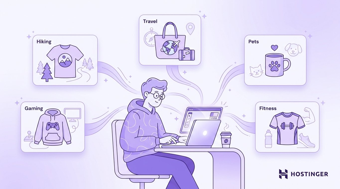 Person working on a laptop while designing a print-on-demand store, surrounded by niche product ideas including hiking apparel, gaming hoodies, travel tote bags, pet-themed mugs, and fitness clothing. Illustration highlights how print-on-demand businesses can target specific audiences and interests.