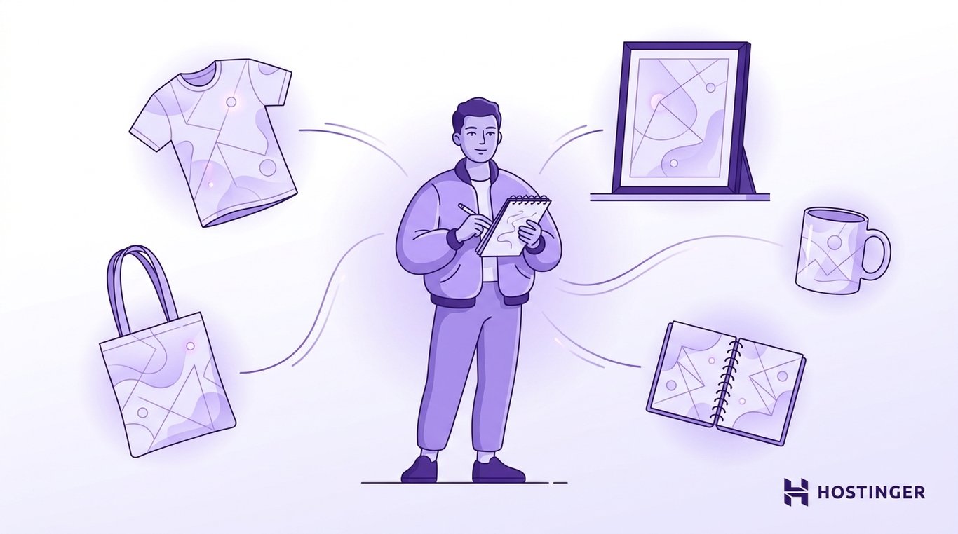 Creator developing a print-on-demand product collection, surrounded by custom merchandise including a T-shirt, tote bag, wall art print, mug, and notebook featuring a consistent abstract design. The illustration represents building a cohesive brand across multiple print-on-demand products.
