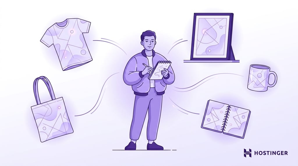 Creator developing a print-on-demand product collection, surrounded by custom merchandise including a T-shirt, tote bag, wall art print, mug, and notebook featuring a consistent abstract design. The illustration represents building a cohesive brand across multiple print-on-demand products.