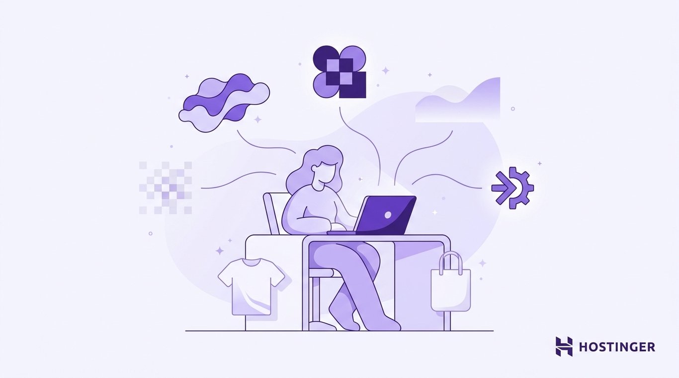 Person brainstorming a print-on-demand brand name on a laptop, surrounded by abstract logos, geometric symbols, and product mockups. The illustration represents developing a flexible, brandable identity that can grow across different products, audiences, and design styles.