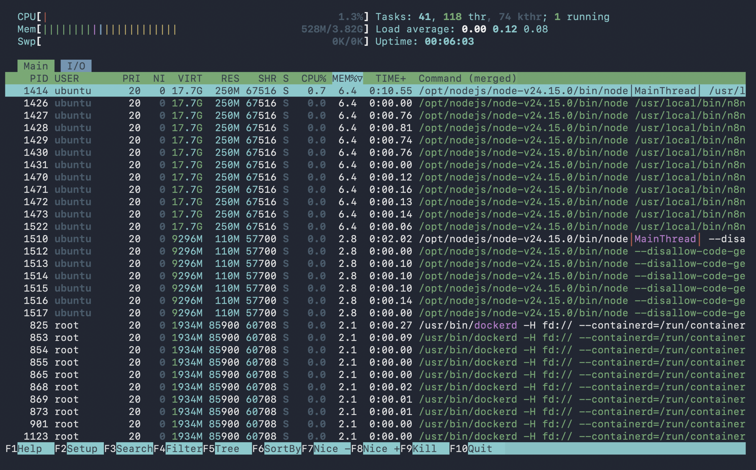 The htop command showing processes sorted by memory usage