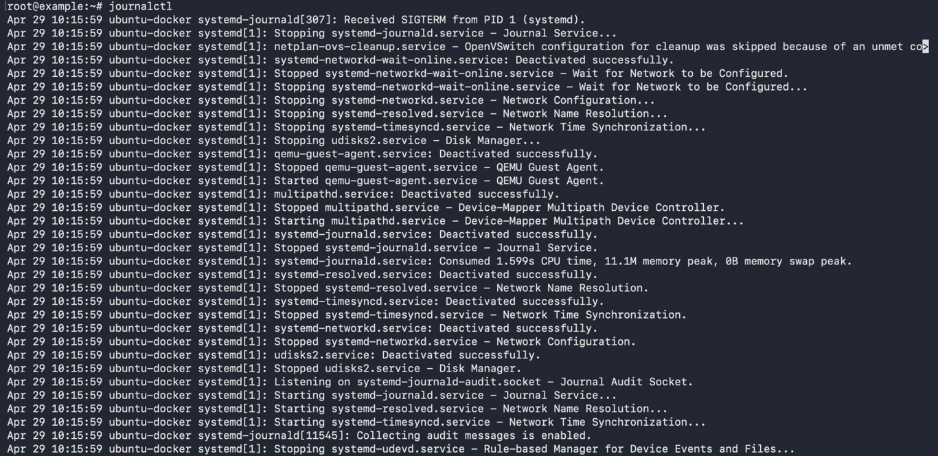 terminal-journalctl-command-system-logs The journalctl command output listing system service log entries