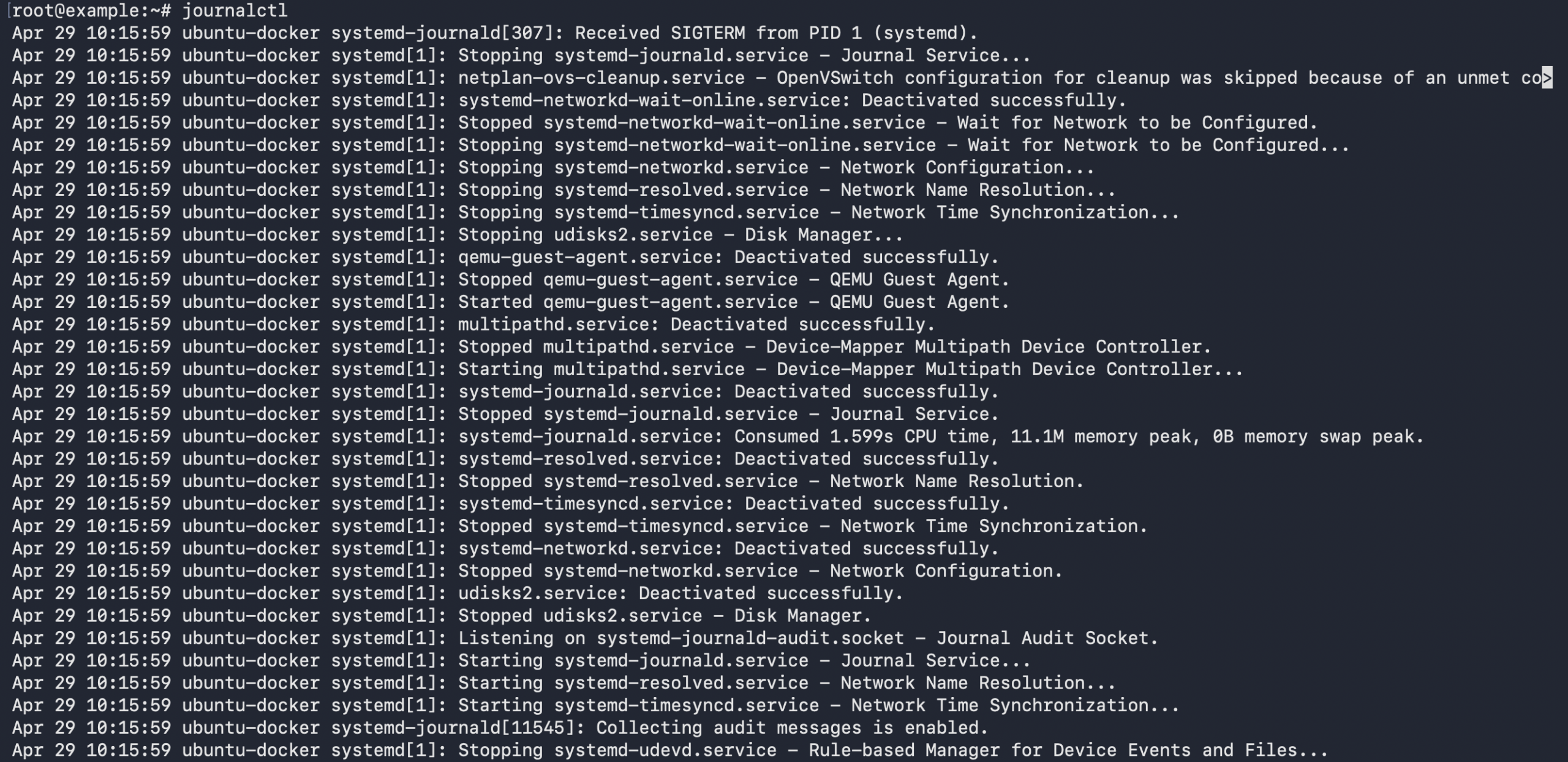 The journalctl command output listing system service log entries