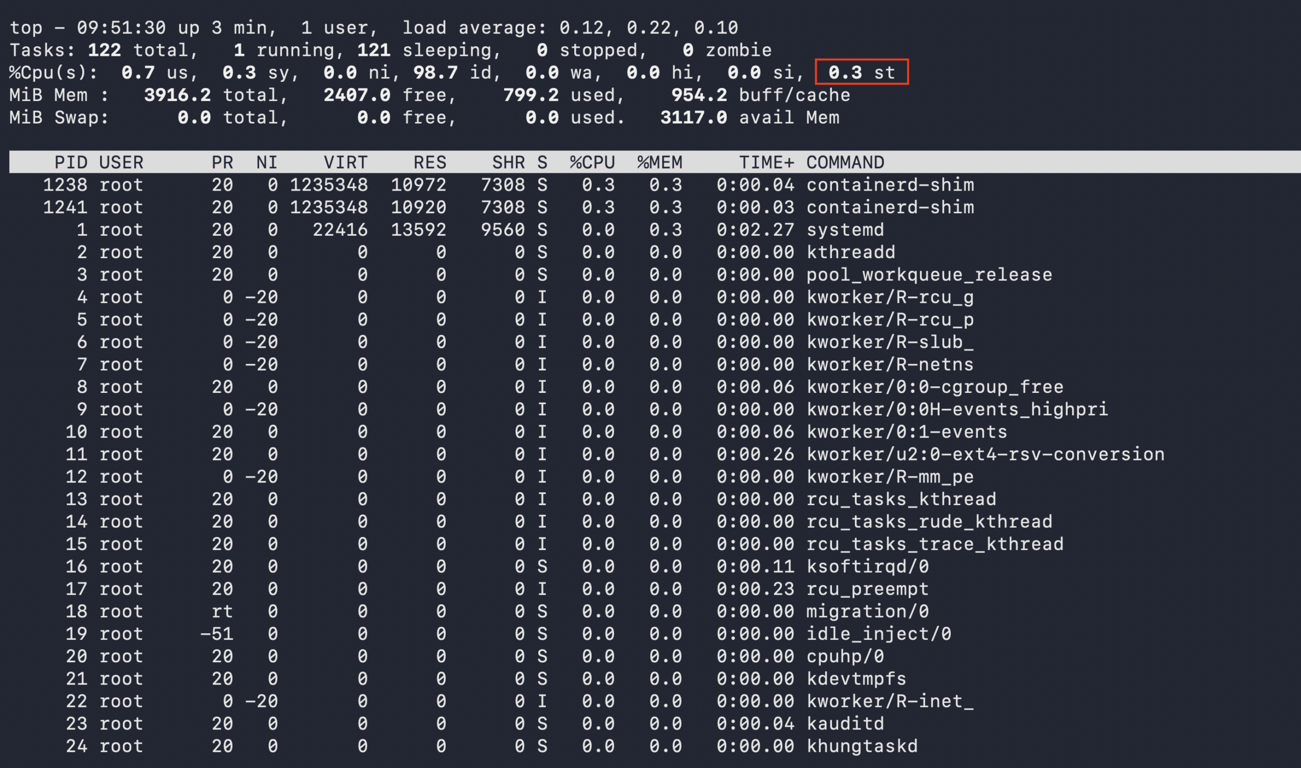 terminal-top-command-cpu-steal-time-highlighted The top command output with the steal time value highlighted