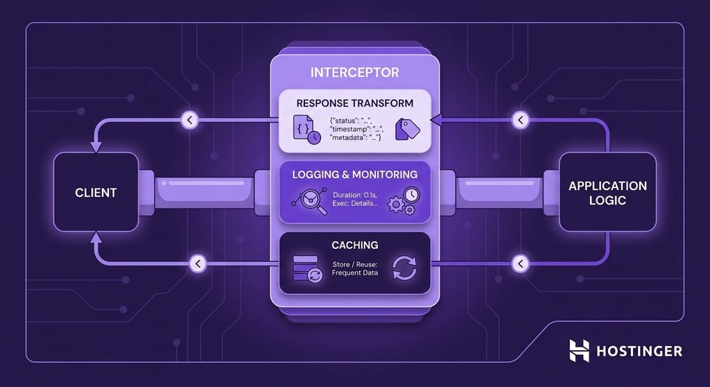 Technical diagram illustrating interceptors in application architecture. A request-response pipeline flows from client through an interceptor component
