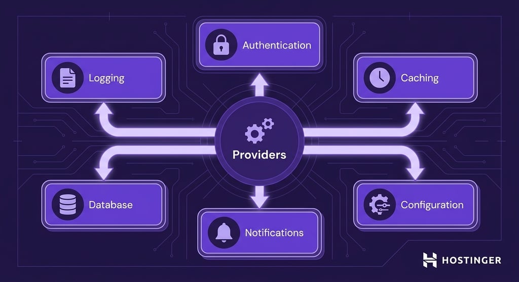 technical diagram showing a central NestJS Providers hub connected to Logging, Authentication, Caching, Database, Notifications, and Configuration
