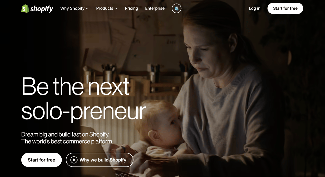 Shopify homepage with the headline