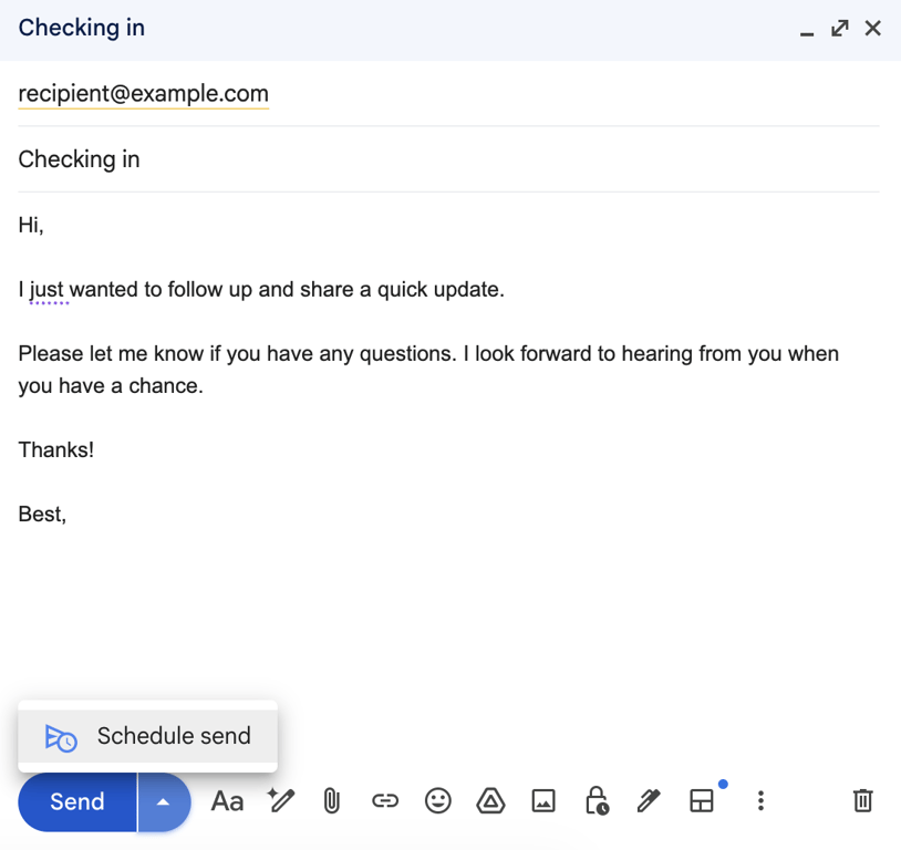 Gmail compose window with the arrow next to Send clicked, showing the Schedule send option in a popup menu.