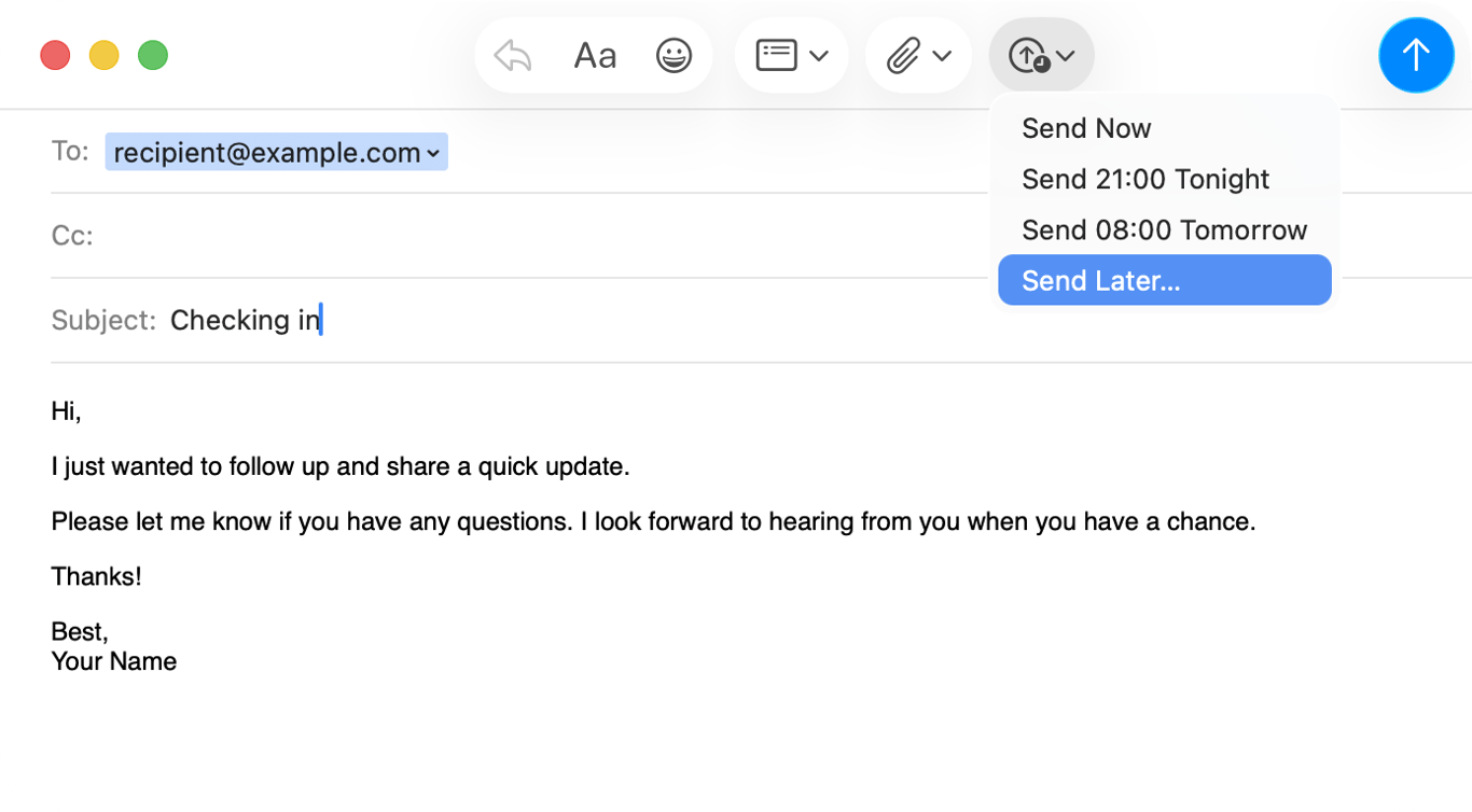 Mac Mail compose window with the Send dropdown open, showing Send Now, two preset times, and Send Later options.