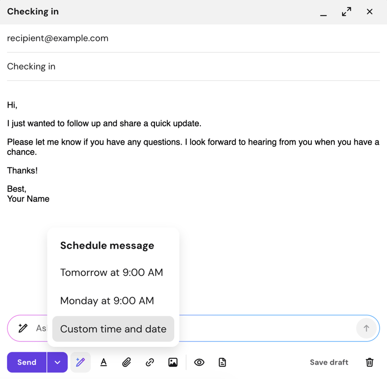 Hostinger Mail compose window with the Schedule message popup open, showing two preset times and a custom time and date option.