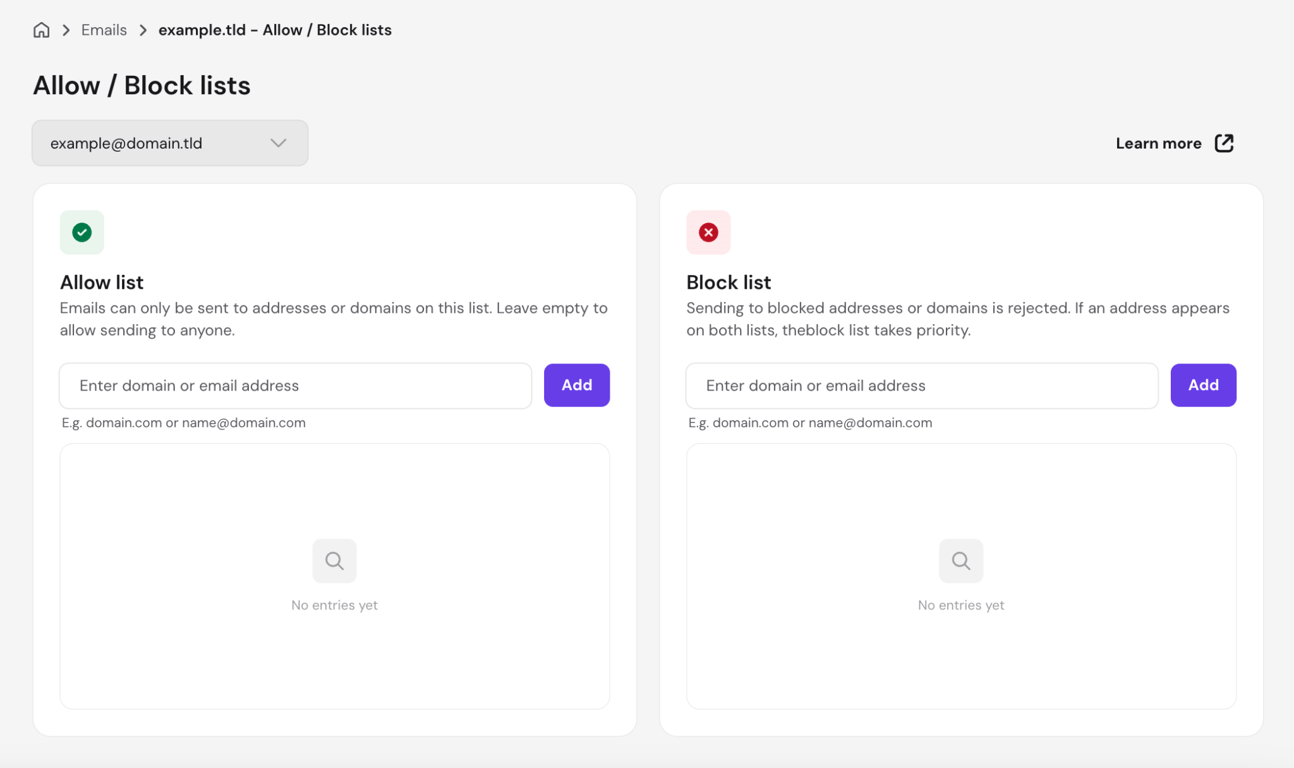 hPanel Allow/Block lists screen for Agentic Mail, showing empty outbound allow and block list fields for a mailbox's permitted send addresses and domains