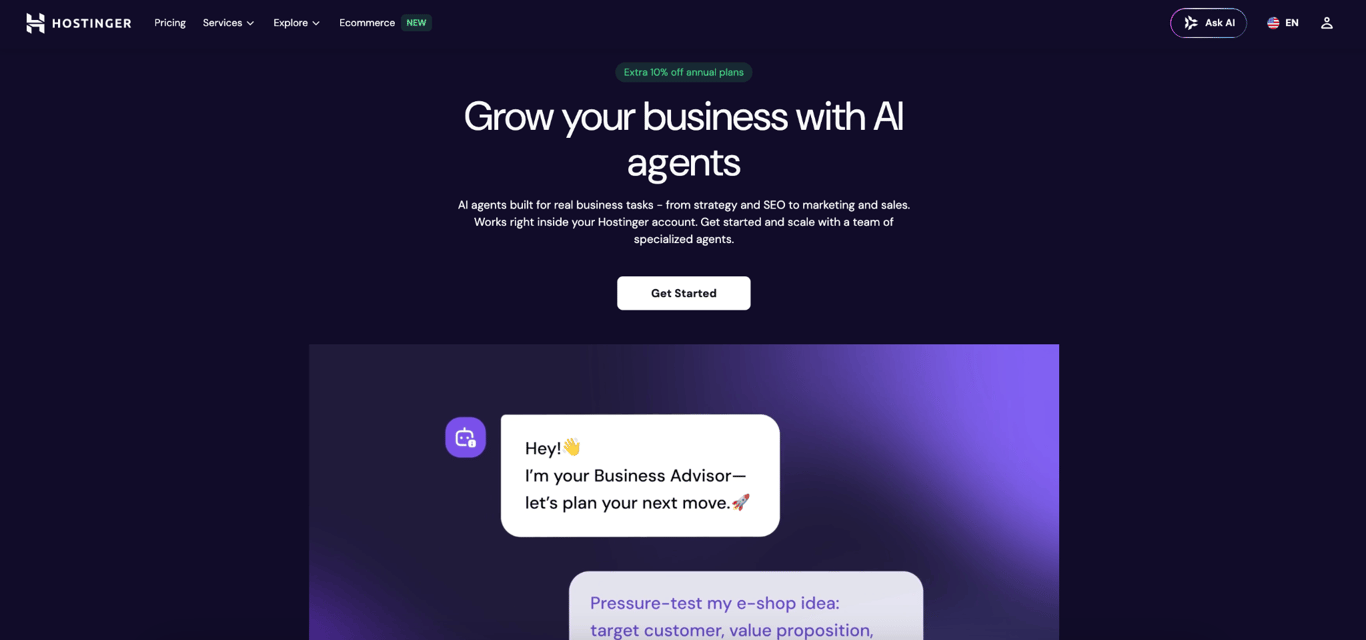 Hostinger AI agents homepage showing the headline