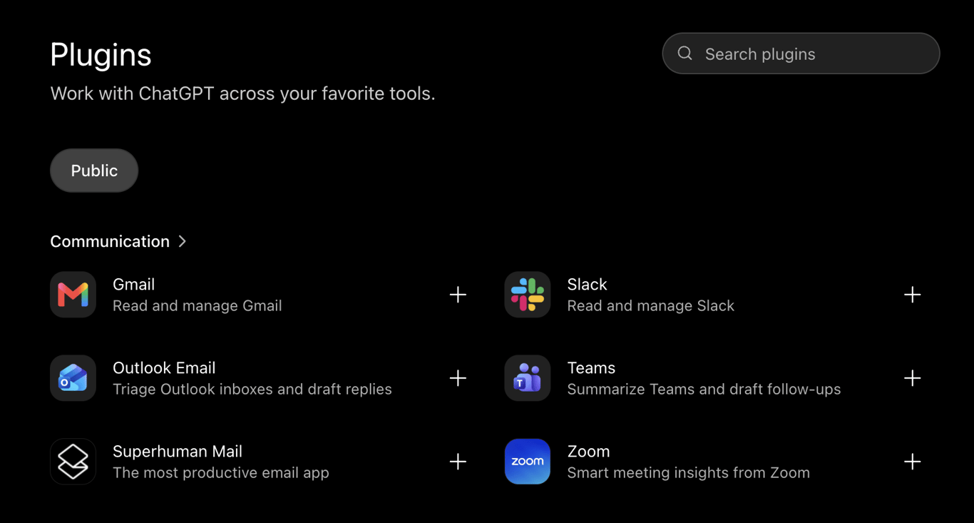 ChatGPT Plugins screen showing Gmail and Outlook Email under the Communication category
