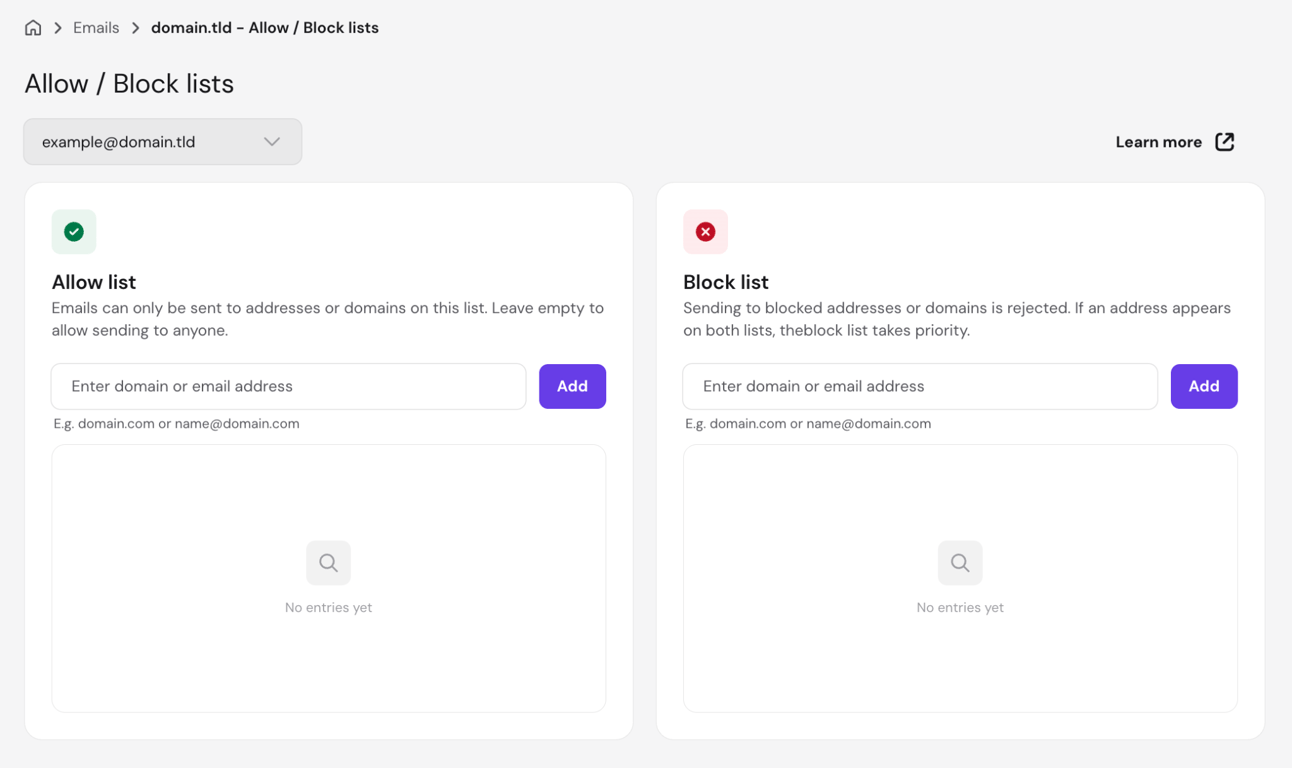 The Allow / Block lists screen in Hostinger Agentic Mail showing the allow list and block list panels with domain and email address input fields