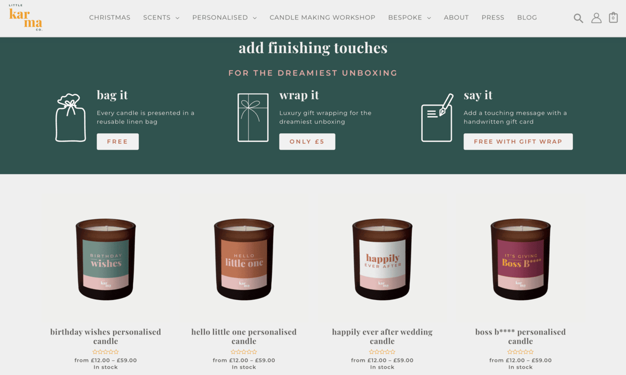 Little Karma Co. shop page showing four occasion-based personalised candles with names such as