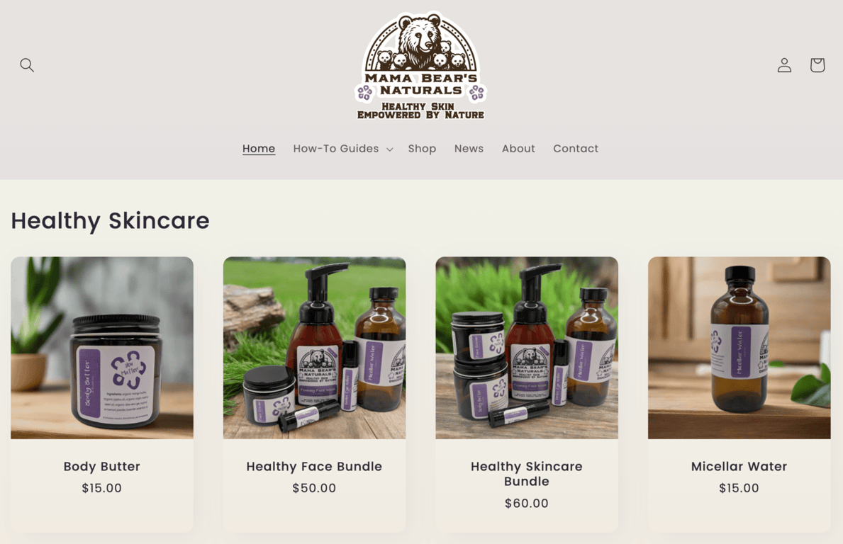 Mama Bear's Naturals homepage displaying four natural skincare products – body butter, face bundle, skincare bundle, and micellar water – priced between and