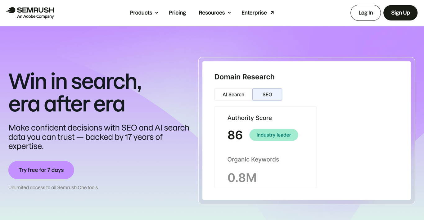 Semrush One homepage with the headline