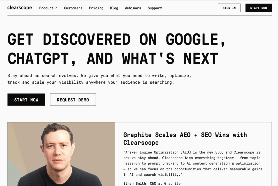 Clearscope homepage with the headline