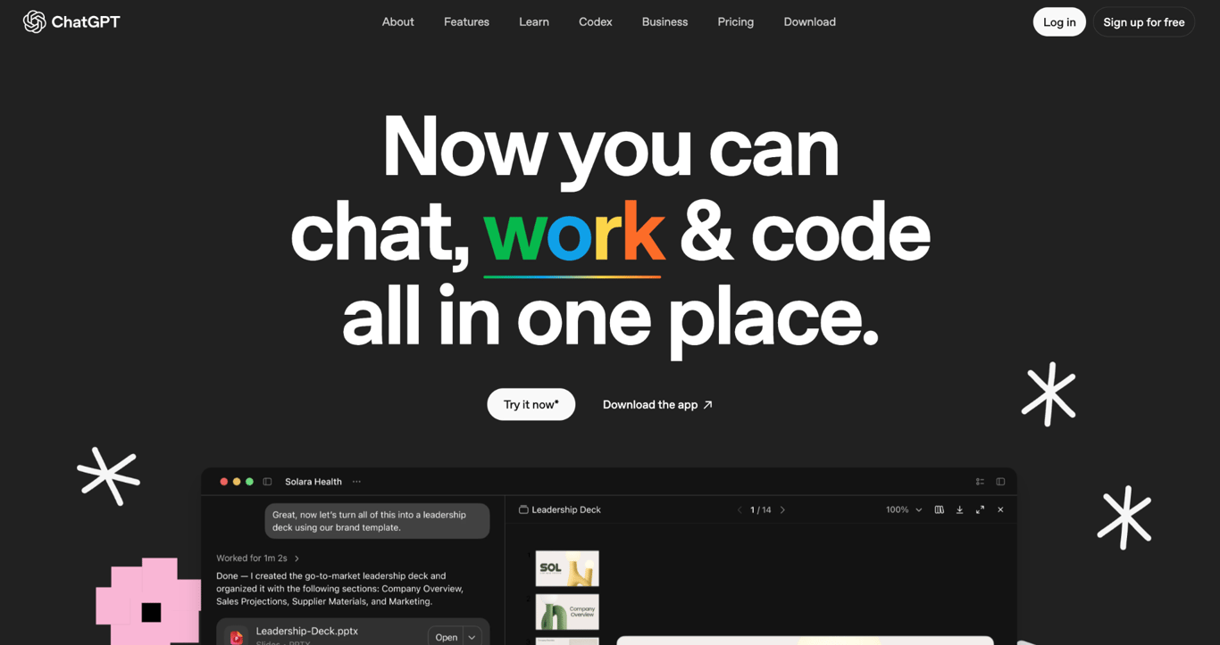 ChatGPT homepage with the headline