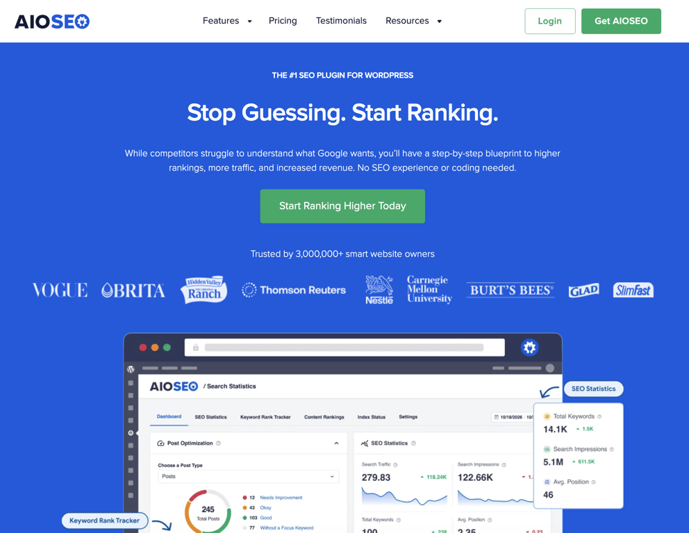 AIOSEO homepage with the headline
